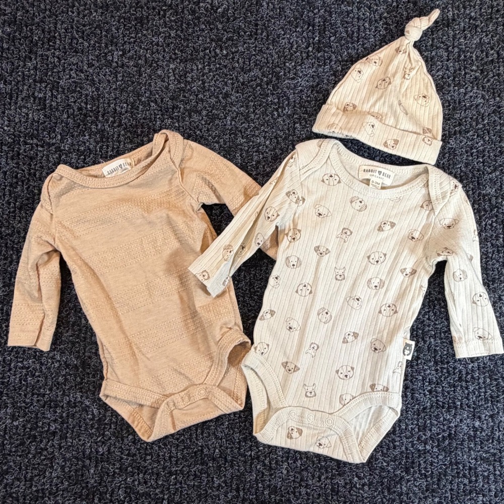 Rabbit and Bear Organic Baby Bodysuit Set 0-3M Tan Pointelle Puppy Dog Hat 3pc